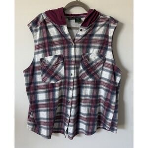 Hunt Club Mens Burgundy Plaid Sleeveless Hooded Flannel Shirt Button Up Vest XL
